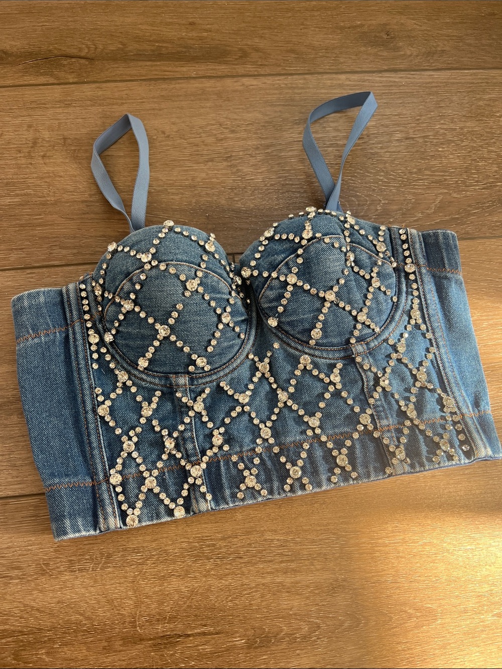 Denim Embellished Bustier Crop Top - Blue